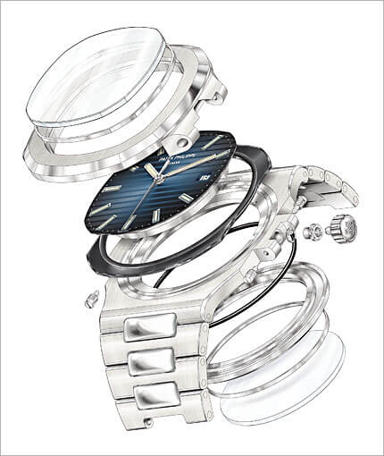 Il sistema di chiusura del fondello del Nautilus 5711 con cassa in tre parti e fondello chiuso a vite.