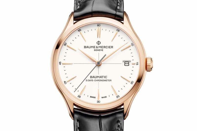 BAUME &MERCIER CLIFTON BAUMATIC Cassa in oro rosso, impermeabile fino a cinque atmosfere.