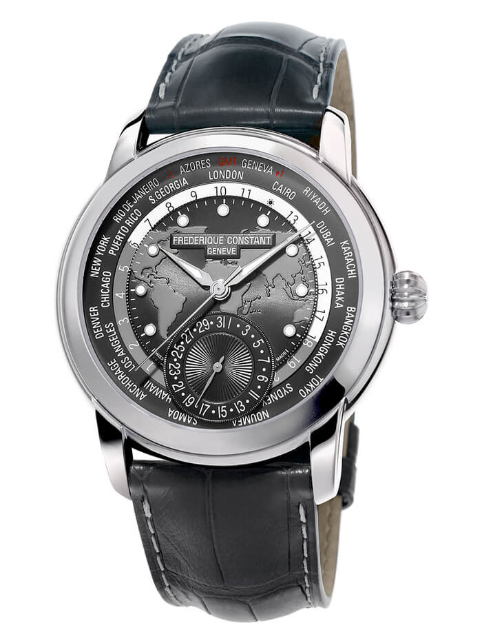 Frederique Constant Classic Worldtimer Manufacture, con cassa in acciaio da 42 mm e cinturino in alligatore grigio scuro (prezzo di 3.690 euro, edizione limitata di 718 pezzi). iN bAsso: Anche il Classic Worldtimer Manufacture adotta un oblò in vetro minerale sul fondello, che mostra il calibro di manifattura FC-718 (26 rubini, 28.800 alternanze/ora, riserva di carica di 38 ore).