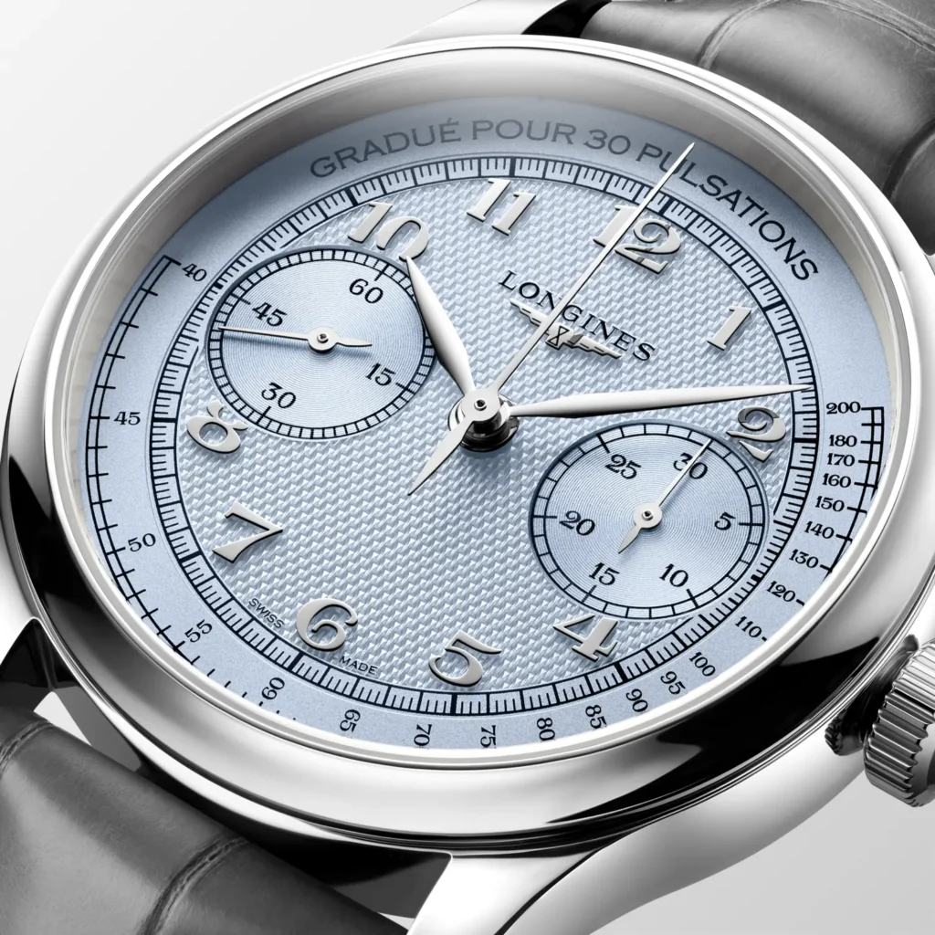 Longines Master Collection Chrono Monopusher Dettaglio della scala pulsometrica Gradué pour 30 pulsations sul quadrante blu ghiaccio