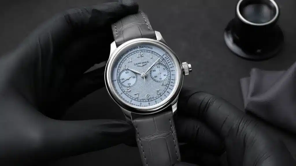 Longines Master Collection Chrono Monopusher Le due referenze del Chrono Monopusher affiancate su cinturino in alligatore marrone e antracite