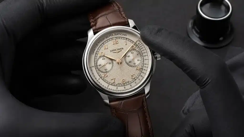 Longines Master Collection Chrono Monopusher Referenza L2.960.4.78.2 con quadrante opalino argentato, numeri applicati e lancette in oro rosa 5N