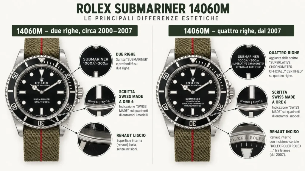 Confronto tra Submariner 14060M a due righe e a quattro righe con dettagli su scritte del quadrante, SWISS MADE e rehaut