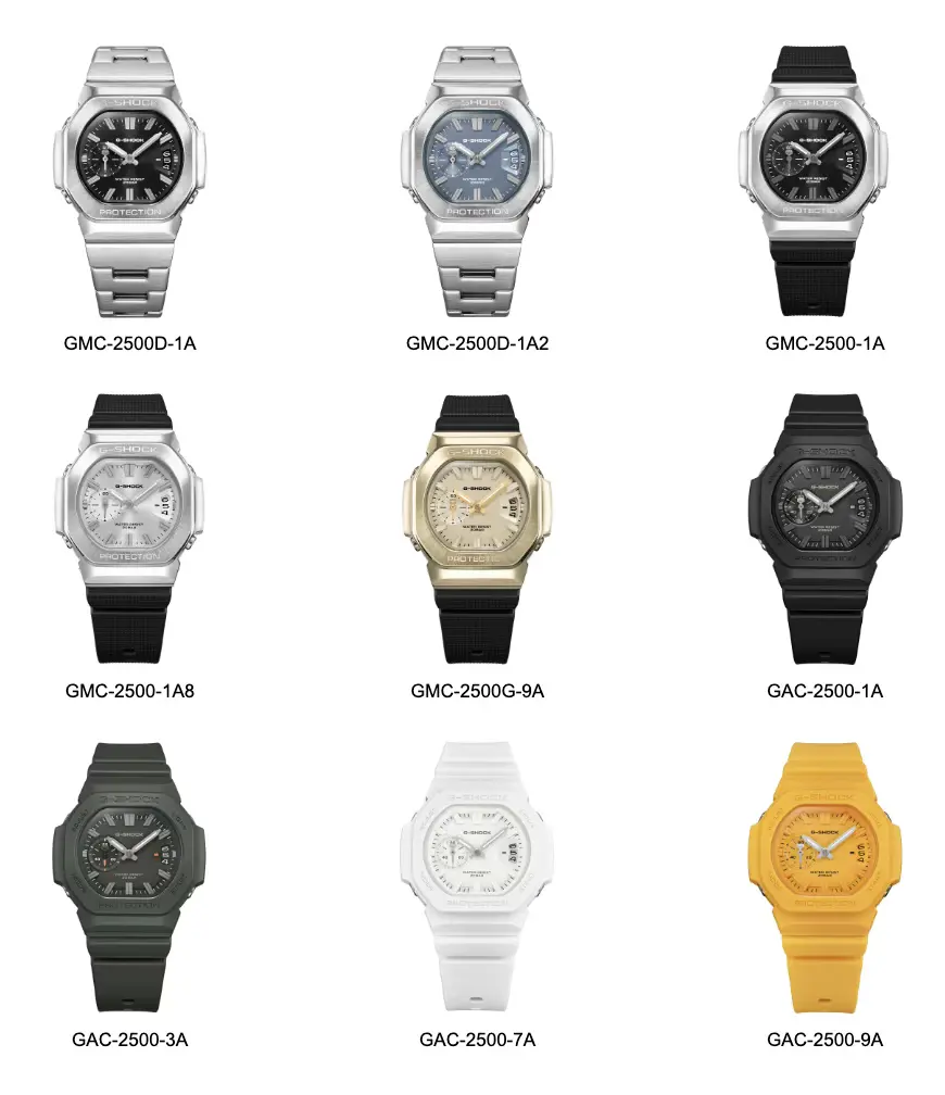 G-SHOCK GMC-2500 e GAC-2500 Le nove referenze G-SHOCK: cinque GMC-2500 con rivestimento metallico su bracciale o cinturino e quattro GAC-2500 in resina nera, verde, bianca e gialla