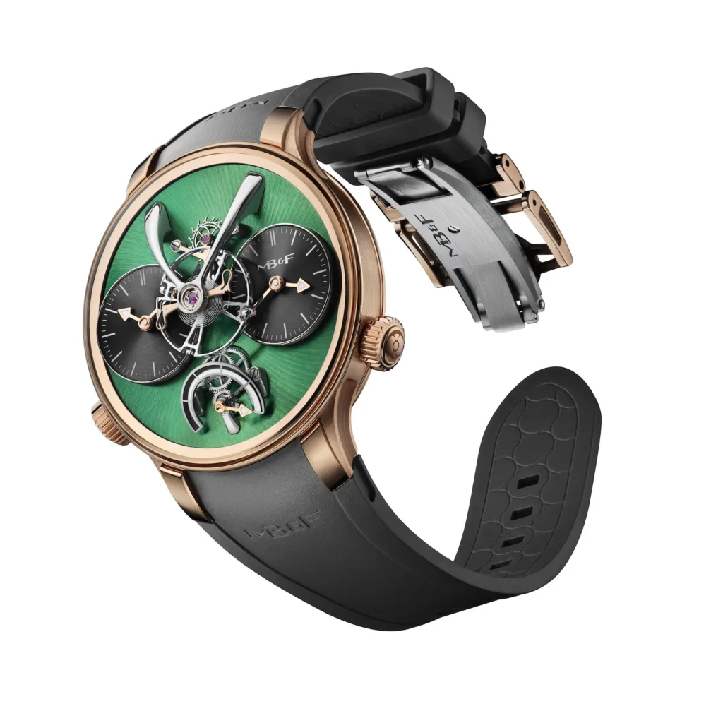 MB&F LM1 EVO MB&F LM1 EVO in oro rosa con cinturino in caucciù grigio e chiusura déployante
